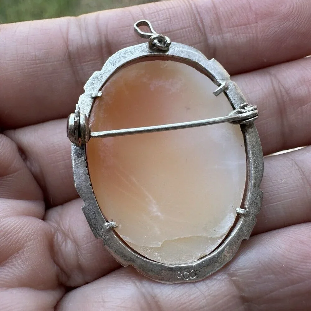 Antique Carved Shell Cameo Pendant Italy 800 Fine Silver 6.7g‎ Marcasite 1.5" - Picture 5 of 6
